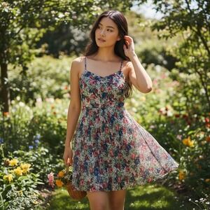 Cremieux Floral Pleated Sheer Sun Dress SZ 2 Rose Wedding Guest Garden Party Fem